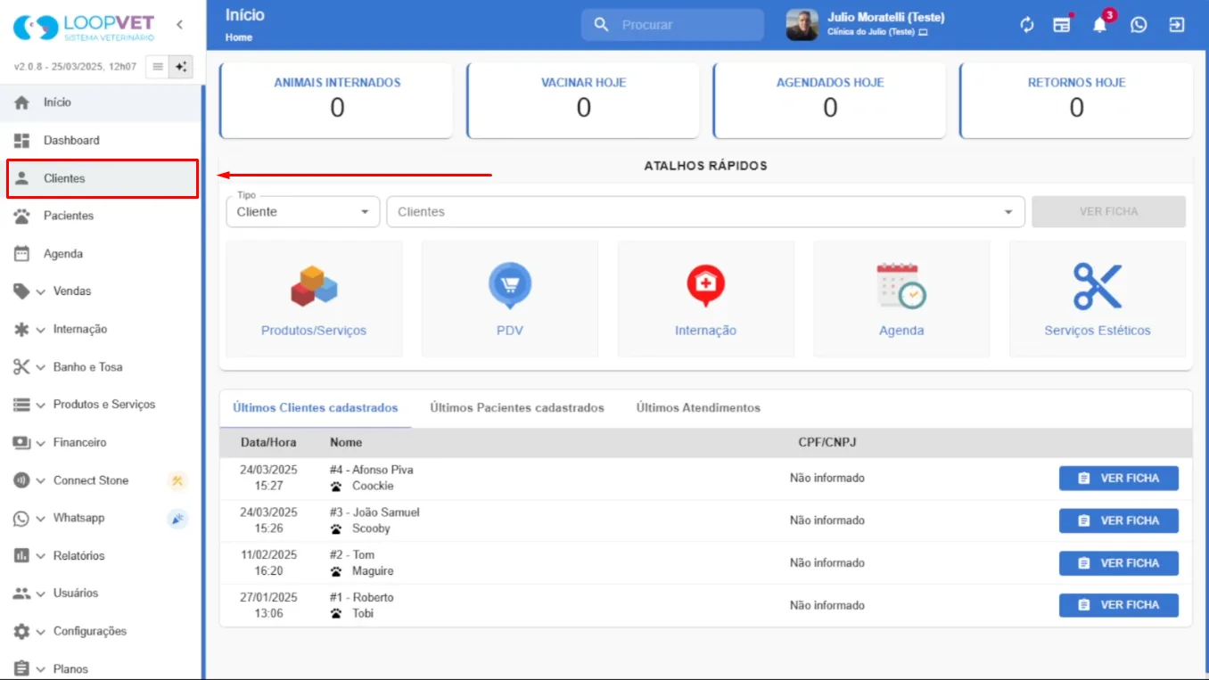 Captura de tela: 1. Cadastro de Clientes