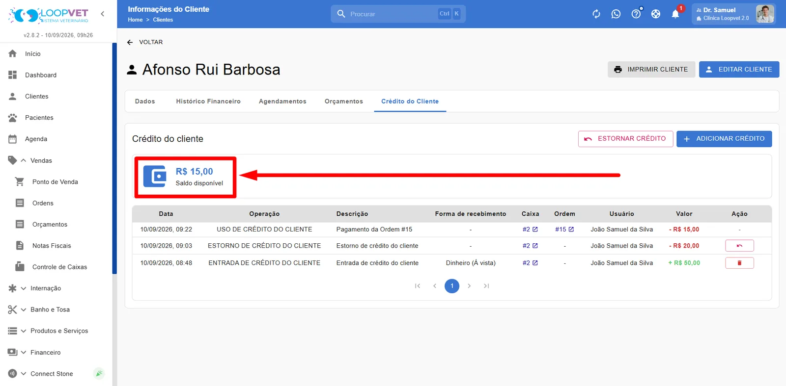Captura de tela: 4.5 Crédito do Cliente