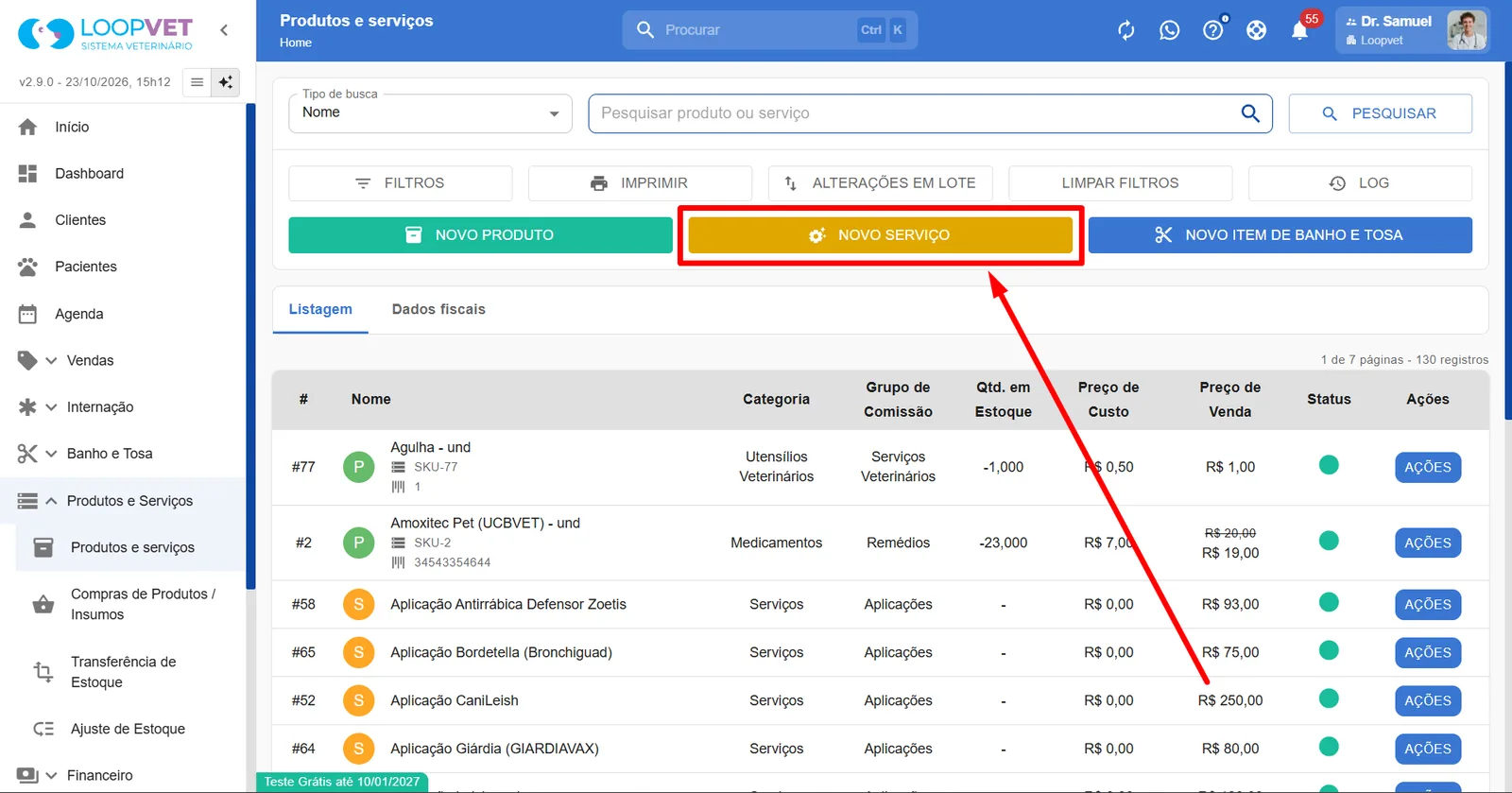 Captura de tela: 7.2 Como cadastrar Serviços