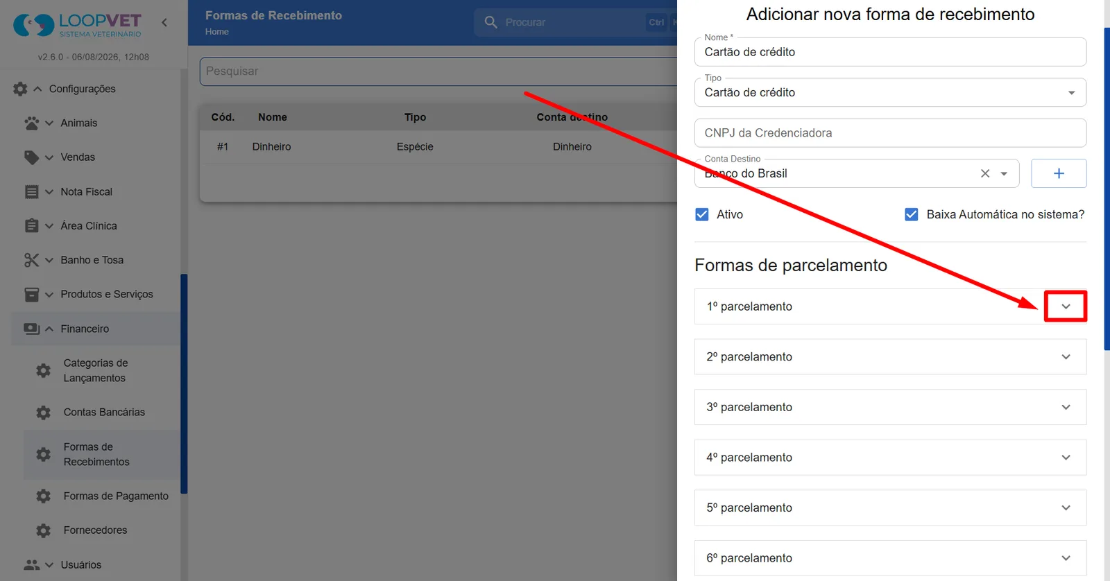 Captura de tela: 4. Cadastro de Formas de Recebimento
