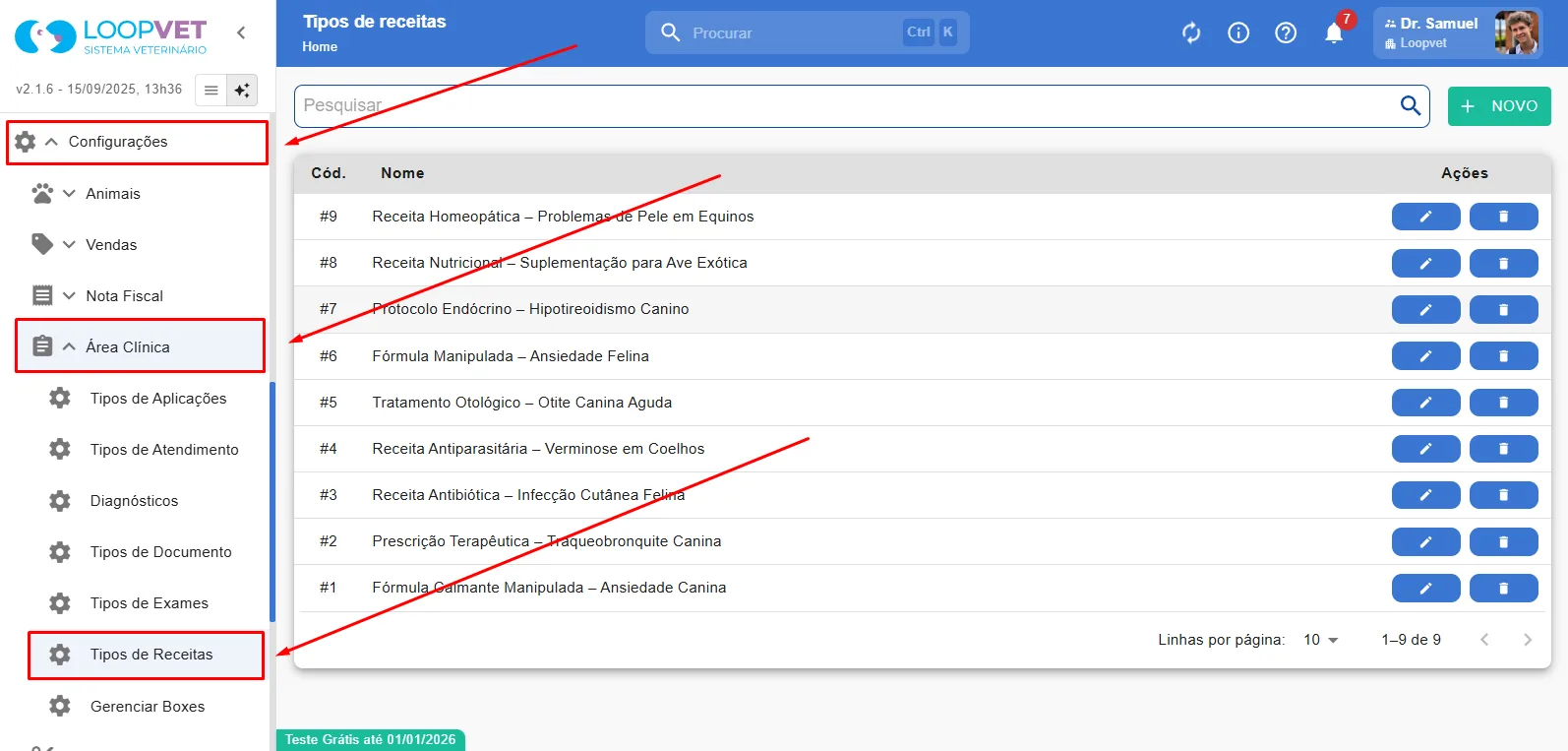 Captura de tela: 7.1 Editar Tipos de Receitas