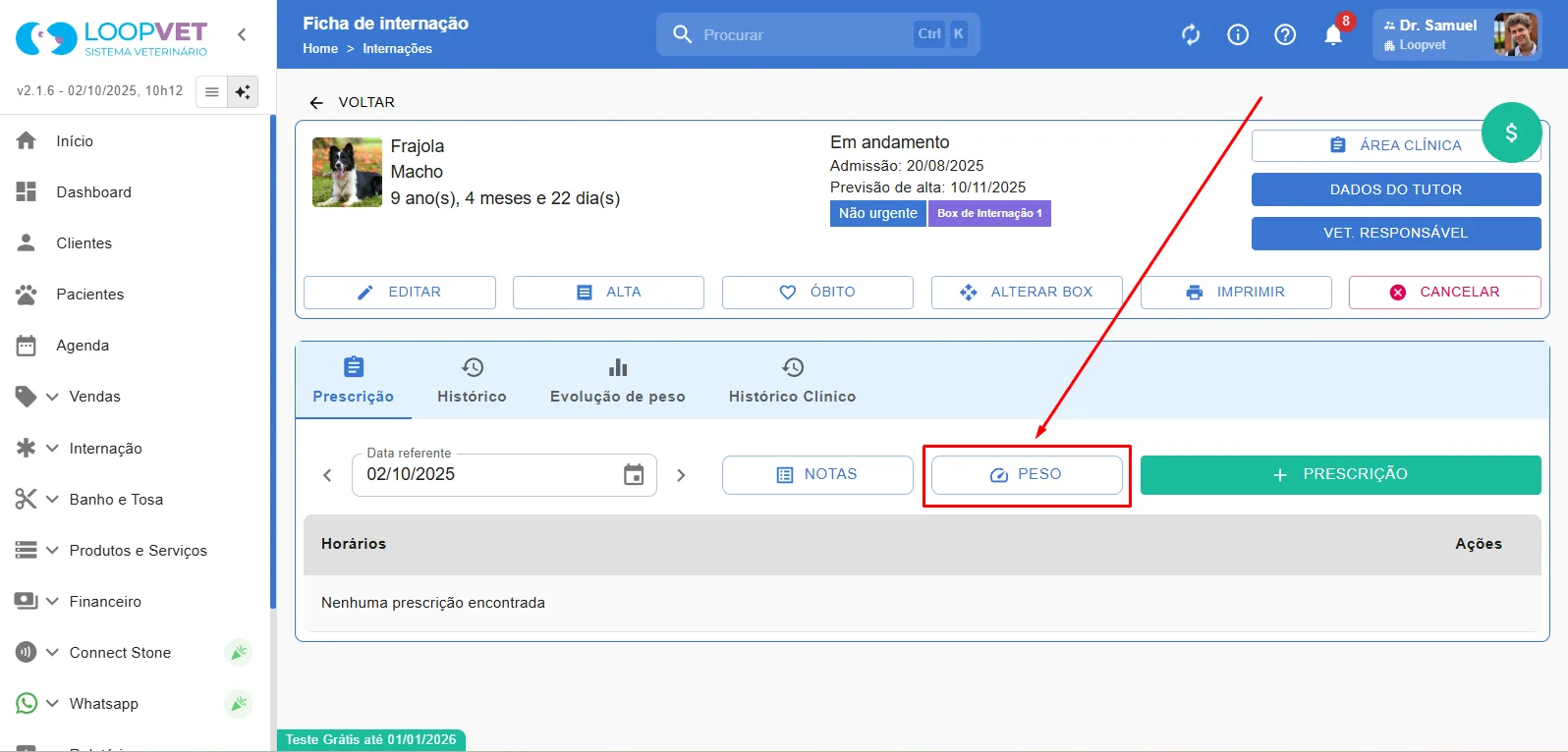 Captura de tela: 4.4 Informar Peso