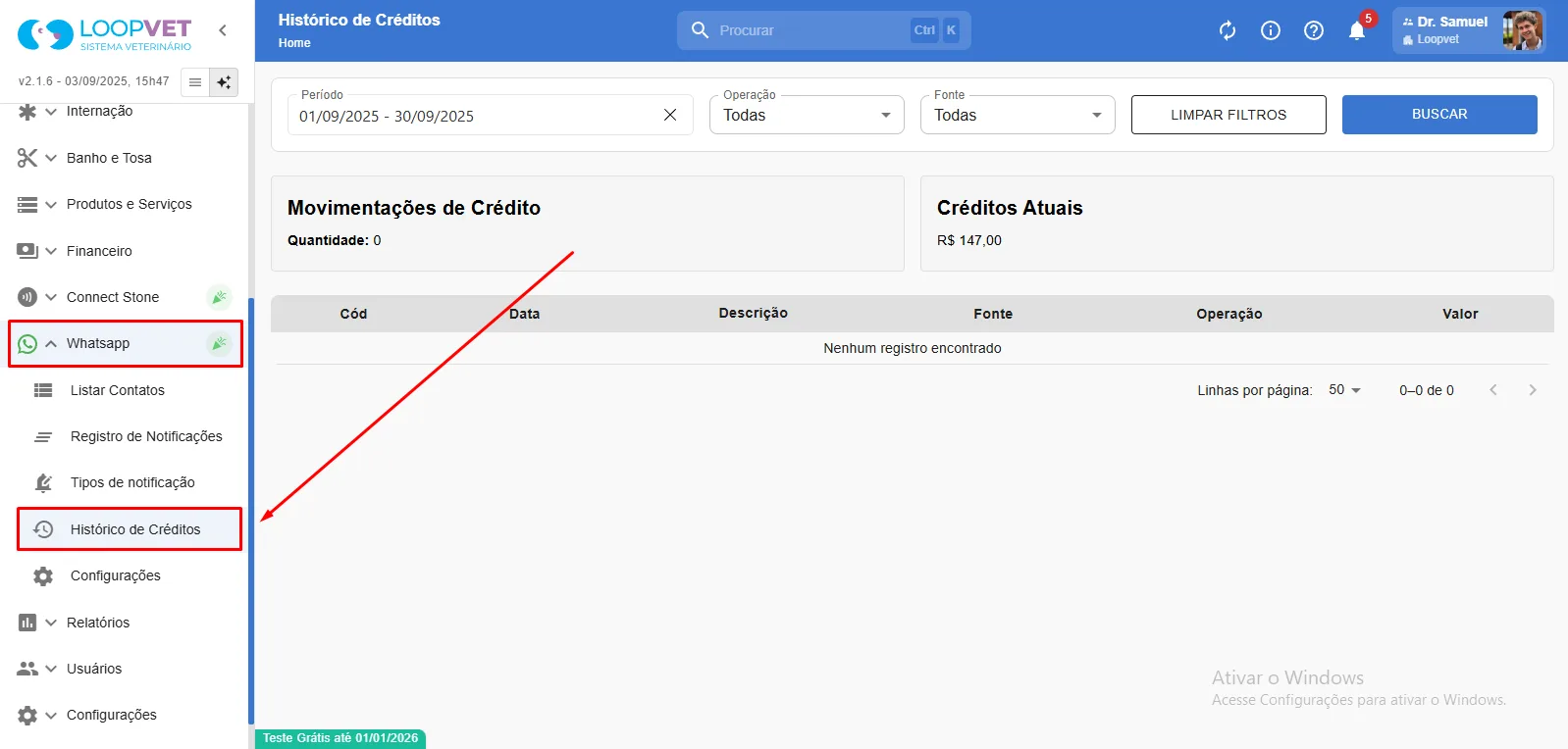 Captura de tela: 7. Histórico de Créditos