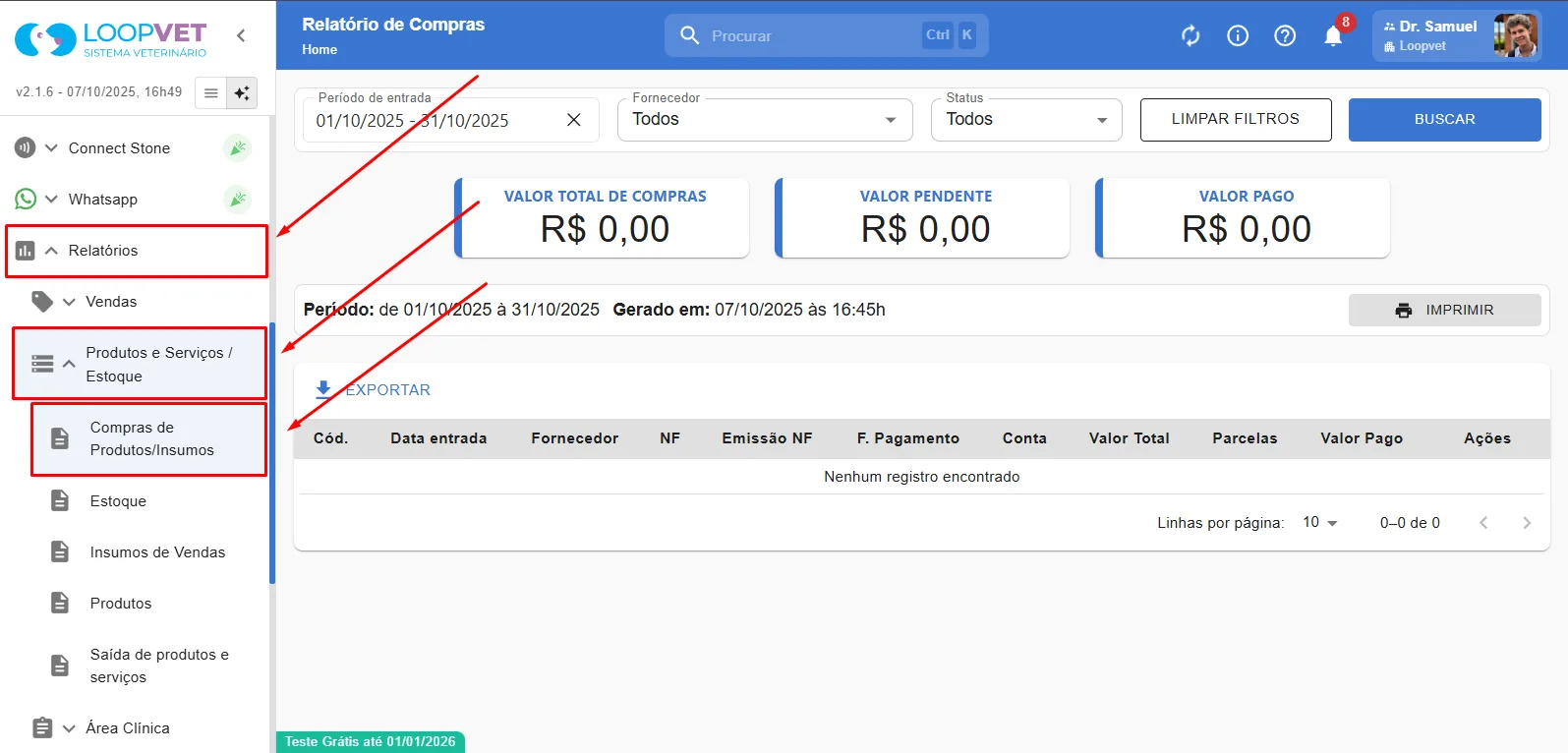 Captura de tela: 15. Relatório de Compras