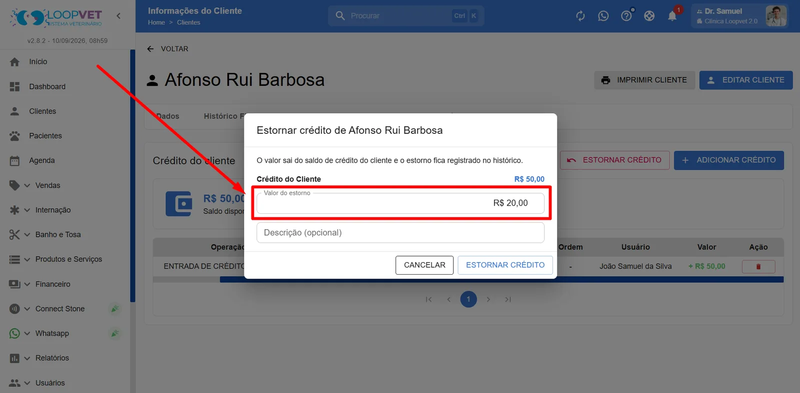 Captura de tela: 4.5 Crédito do Cliente