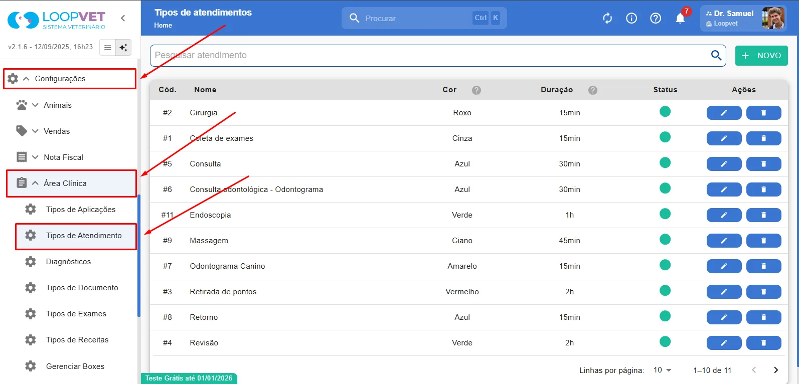 Captura de tela: 3. Cadastrar Tipos de Atendimentos