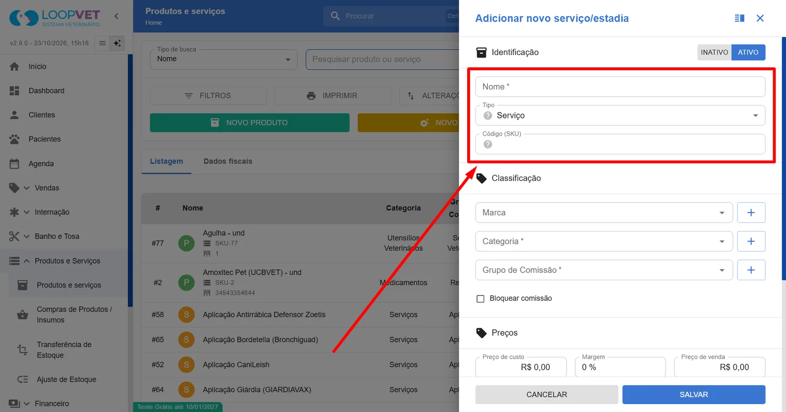 Captura de tela: 7.2 Como cadastrar Serviços