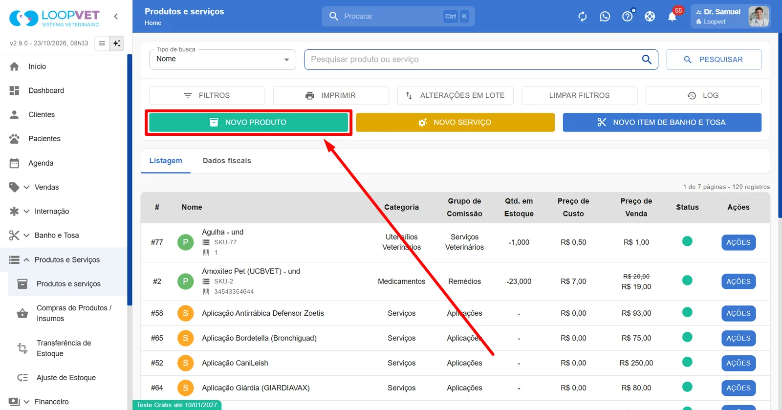 Captura de tela: 7.1 Como cadastrar Produtos
