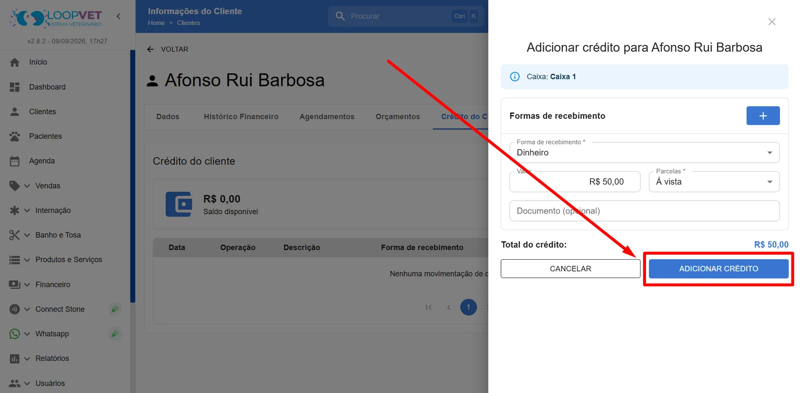 Captura de tela: 4.5 Crédito do Cliente